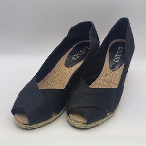 Lauren Ralph Lauren Black Espadrille Peep-Toe Wedges with Jute Sole